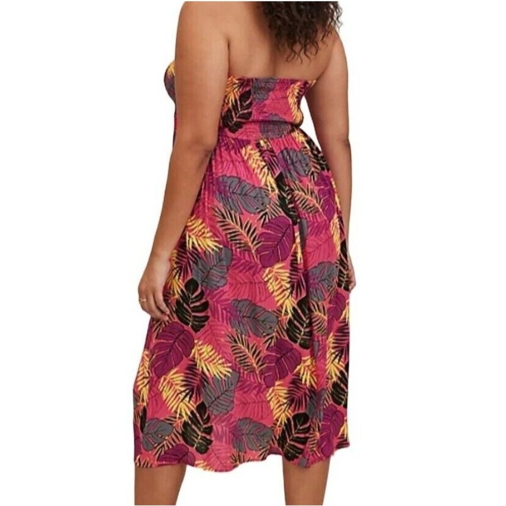 Torrid 5 XL Convertible Smocked Midi Pink Dress Skirt Crinkle Gauze Palm Leaves - Picture 2 of 12